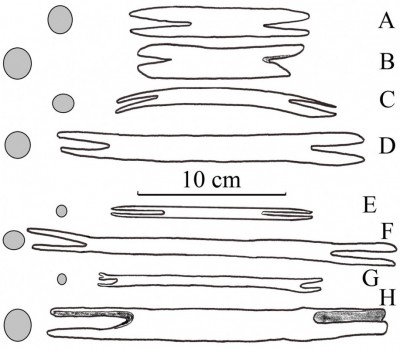 Figure 2. Simplified contours (showing notched ends) and cross-sections of Middle Magdalenian (16 700–15 700 BC) reindeer antler <i>navettes</i> (A–D) compared with historical, round, stick shuttles (E–H); A, Poland, Maszycka (redrawn from Allain <i>et al.</i> 1985: fig. 49); B, France, Grappin (specimen ‘19’ in private collections of Prince Ernest d’Arenberg, Château d’Arlay; redrawn from photograph by M. Bless); C, France, Le Placard (redrawn from Allain <i>et al.</i> 1985: fig. 32-2b); D, France, Roc-de-Marcamps (redrawn from Allain <i>et al.</i> 1985: fig. 23-1); E, wooden netting needle, Egypt, Late Middle Kingdom, 1800–1700 BC (redrawn from photograph of specimen UC7264 in the Petrie Museum collections); F, wooden netting needle, Western Australia, AD 1898 (redrawn from photograph of specimen Oc1960.11.61 in the British Museum collections); G, cane netting needle, Indonesia, Borneo (Dayak), AD 1900 (redrawn from photograph of specimen As1900,-.955 in the British Museum collections); H, cane “<i>navette</i>, used by the roper’s wife for net making (fish nets)”, Morocco, AD 1937 (redrawn from photograph of specimen 71.1937.29.56.1-2 in the Musée du Quai Branly collections).